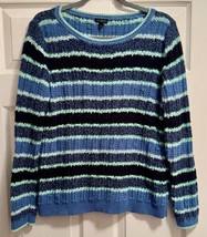 Vintage Talbots Womens L Sweater Stripe Loose Knit 100% Cotton Blue Long Sleeve - £8.98 GBP