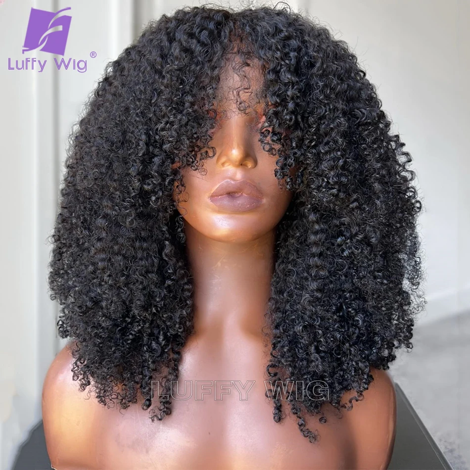Afro Kinky Curly Wig with Bangs Human Hair Full Machine Made Scalp Top Wig Re - $98.06+