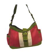 liz claiborne vintage Leather&amp; Polyester Striped Purse Pink Green Beige - $46.00