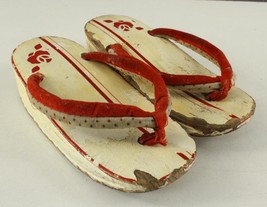 Vintage Costume Artisan Shoes Painted Carved Wood White &amp; Red Stripe Tho... - $18.52