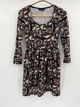 Nooworks Fit &amp; Flare Dress Sz XS Brown Black Abstract Print Long Sleeve - £27.33 GBP