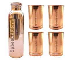 Pure Copper Water Bottle Joint Free With 4 Serving Tumbler Glass Health Benefits - £35.66 GBP
