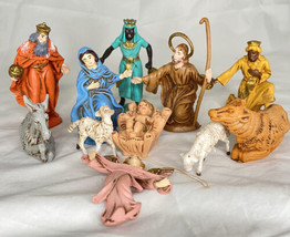 Vintage Nativity Hard Plastic Made In Italy 11 pc. COW DONKEY SHEEP Angel + - £39.55 GBP