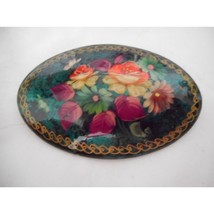 Vintage Hand painted Floral Signed Russian Lacquer Pin Brooch - $284.76 MXN