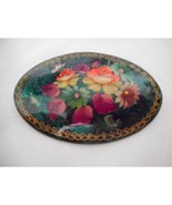 Vintage Hand painted Floral Signed Russian Lacquer Pin Brooch - $282.72 MXN