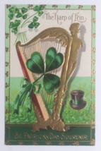 St Patricks Day Harp of Erin Shamrock Top Hat Gold Embossed Postcard c1910s - $9.99
