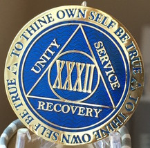 32 Year AA Medallion Blue Gold Plated Alcoholics Anonymous Sobriety Chip Coin - £14.88 GBP