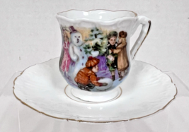 Victorian Christmas Toy Cup Saucer w Girl Pink Coat Boys Snowman Trees G... - $28.22