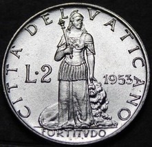 Vatican City 2 Lire, 1953 Gem Unc~Fortude Standing With a Lion - £8.34 GBP