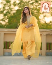 &quot;Yellow Georgette Top-Bottom Dupatta Set with Embroidery Work - $55.00
