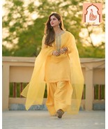 &quot;Yellow Georgette Top-Bottom Dupatta Set with Embroidery Work - $55.00