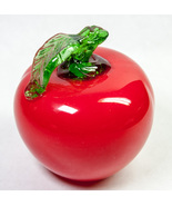 Hand Blown Red Art Glass Apple Fruit w Green Leaf Fruit Paperweight Life... - $12.00