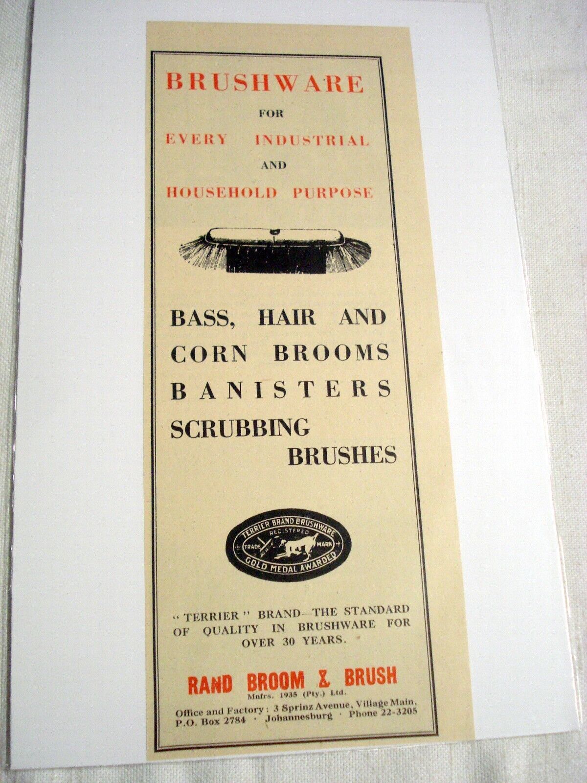 Primary image for 1945 South Africa Ad Rand Broom & Brush Brushware