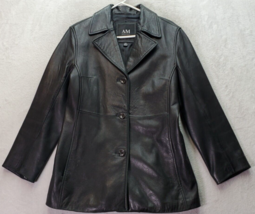 AM Studio Coat Women Petite Medium Black Leather Long Sleeve Collar Butt... - $37.01