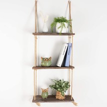 3 Tier Distressed Wood Jute Rope Floating Shelves, Rustic Home Wall Décor, By - £26.36 GBP