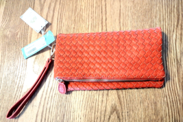 Urban Expressions Handcraft Woven Leather Fold-Over Clutch Purse Red Wrist Strap - £14.50 GBP
