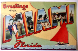 Greetings From Miami Florida Large Letter Linen Postcard Sailor Sailboat Navy - £13.29 GBP