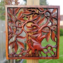 Teak Carved Wooden Wall Art Sculpture Decoration Square Panel - Tree of Destiny  - £115.38 GBP
