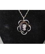 Vintage Cameo Necklace Pendant Black Etched Glass w Clip On Earrings - $41.90