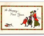 Happy New Year Famiglia W Presenta E Cane Dorato Goffrato DB Cartolina A16 - £4.49 GBP