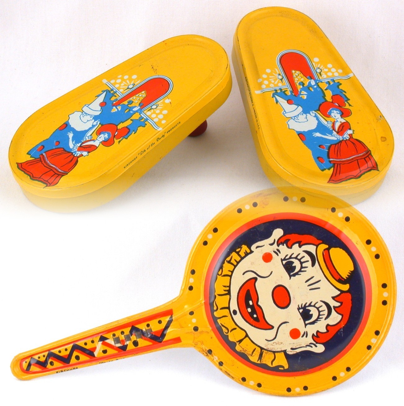 Primary image for 3 Kirchhoff Life of the Party Noisemakers Ratchet Clown Paddle Style Tin Litho