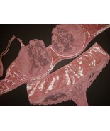 Victoria&#39;s Secret unlined 32DD,36D BRA SET M thong PINK velvet velour lace - $108.30 CAD