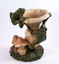 Frog Figurine/Bird Feeder Mushrooms Toadstools Hand Painted Resin 8&quot; - $37.00