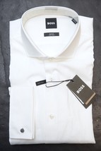 HUGO BOSS Hombre Hank Puño Francés Fácil Hierro Delgado Algodón Blanco Camisa 43 - £59.09 GBP