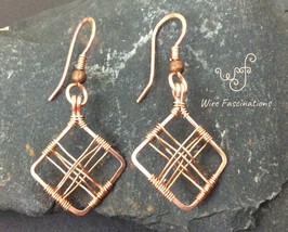 Handmade copper earrings diamond frame cross wire wrapped front thumb200