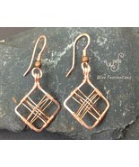 Handmade copper earrings: square diamond frame cross wire wrapped - £22.35 GBP