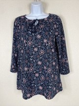 Faded Glory Womens Size L Blue Floral Tie Neck Knit Blouse 3/4 Sleeve - £5.69 GBP