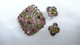Vintage Sarah Coventry Rhinestone Pink Green Purple Brooch Pin ClipBack ... - £38.83 GBP
