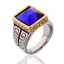[Jewelry] Square Blue Sapphire Crystal Silver Stainless Steel Band Ring for Men - £7.18 GBP