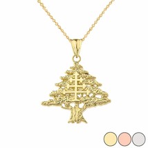 14k Yellow Gold Lebanese Cedar Tree With Maronite Cross Pendant Necklace - £265.66 GBP+