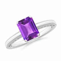 ANGARA Emerald Cut Amethyst Solitaire Ring with Milgrain for Women in 14K Gold - £605.46 GBP