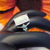 Rectangular Silver Plated Opal Ring with Turquoise inlays - Size 6 - £15.41 GBP