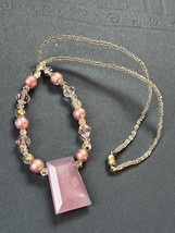 Tiny Clear Plastic w Iridescent Pink Bead &amp; Trapezoid Pendant Necklace – 17 inch - £11.90 GBP