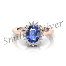 Oval Cut Blue Sapphire Zircon stone 14K Rose Gold Vermeil Ring for man/Woman - £74.01 GBP