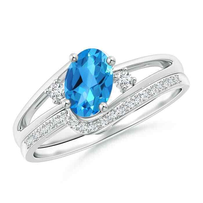 Primary image for ANGARA Oval Swiss Blue Topaz and Diamond Wedding Band Ring Set in 14K Solid Gold