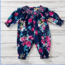 NEW Boutique Smocked Baby Girls Blue Floral Romper Jumpsuit - £13.58 GBP