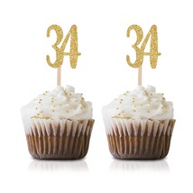 Gold Happy 34Th Birthday Cupcake Topper, 24-Pack Number 34 Glitter Birth... - $18.99