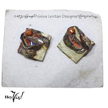 Vintage 90s Alyssa Levitan Handcrafted Earth Tone Origami Pierced Earrings Card - £17.58 GBP