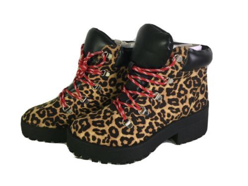 Qupid Leopard Print Lace Up Skyscraper Chunky Combat Hiking Boots Women’s Size 7 - £36.31 GBP