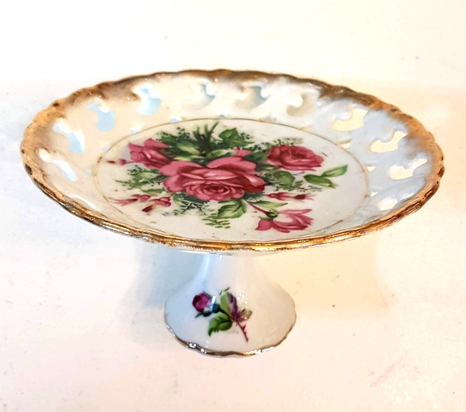 Pedestal Bon Bon Dish Porcelain Compote Bowl Rose Gold Gilt Cut Out Lace... - $19.73