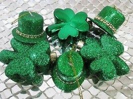 St Patrick&#39;s Day Green Shamrocks &amp; Hat Ornaments Decorations Decor Set of 6 - £15.86 GBP