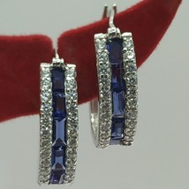 1CT Lab-Created Sapphire 3-Row Womens Hoop Earrings 14K White Gold Plated Silver - £58.81 GBP