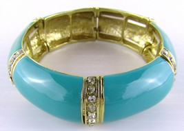 Kenneth Jay Lane, Turqouise Enamel Stretch Bracelet 2.5 inch Gold and Rhinestone - £40.83 GBP