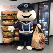 Navy Hamburger mascot costume character dressed with a T-Shirt and Tote bags - £903.73 GBP