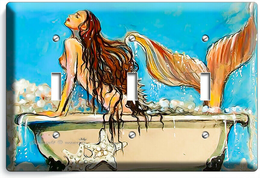 SEXY MERMAID TAKING BUBBLE BATH LIGHT SWITCH 3 GANG PLATE BATHROOM ROOM HD DECOR