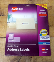 Avery Address Labels, Sure Feed, 1&quot; x 2-5/8&quot;, 300 Matte Clear Labels (18660) - £9.41 GBP